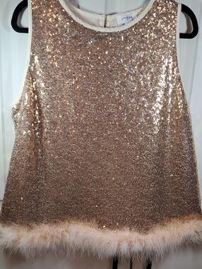 Umgee Rose Gold Sequin Feather Trim Sleeveless Top